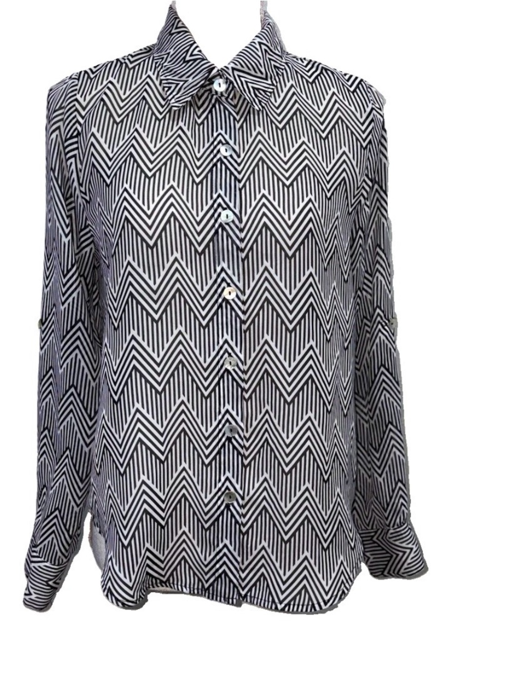 About A Girl Black & White Chevron Button-Down Flowy Blouse  Roll Tab Sleeves